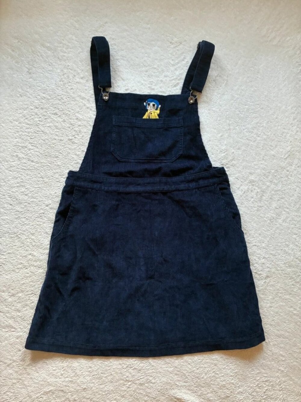 Coraline Corduroy Pinafore Dress Navy Embroidered Detail USL